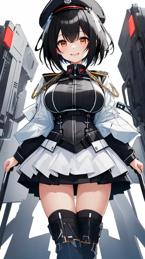 on lap,((((upright)))), ((((stand up)))), looking at the viewer, simple background、white background, 1 girl, open your mouth, smile, Virtual YouTuber、with a girl、((highest quality, expensive_solve, clear_image)),(black hair), (ridiculously short hair), ver...