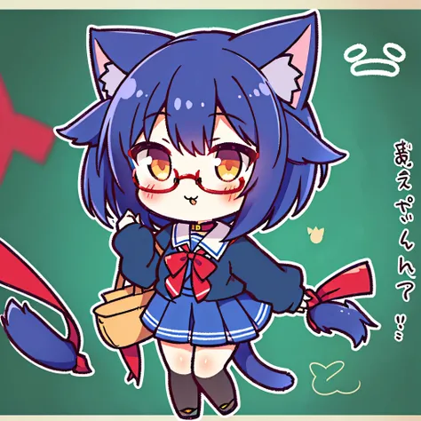 furry,cat girl,dark blue short hair, cat tail, glasses, red hair ribbon, school uniform, blush