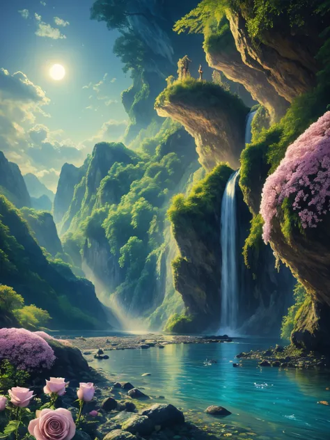 (((masterpiece))), best quality, high quality, extremely detailed CG unity 8k wallpaper, scenery, outdoors, sky, cloud, no people, mountain, landscape, water, tree, blue sky, waterfall, cliff, nature, lake, river, cloudy sky,award winning photography, Boke...