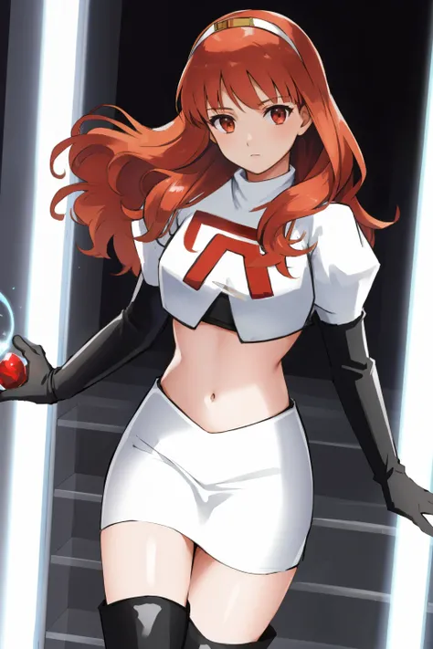 celica fe, 1girl, solo, looking at viewer, tiara, team rocket,team rocket uniform, red letter R, white skirt,white crop top,black thigh-highs,black elbow gloves