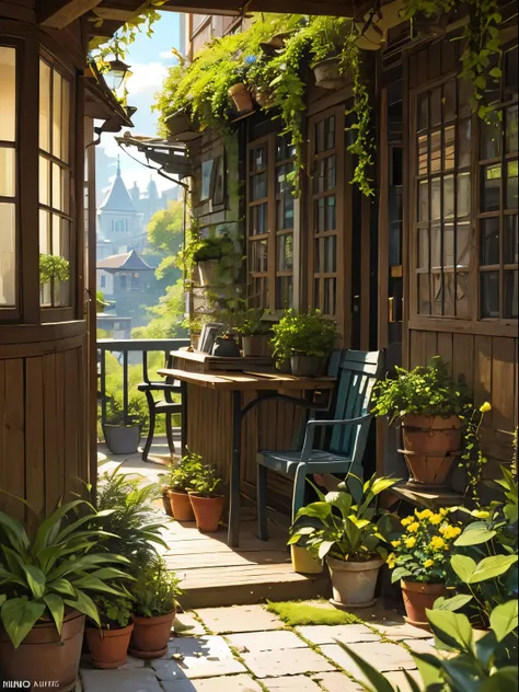 (micro-landscape:1.5),(best quality), ((masterpiece)), (highres), illustration, original, extremely detailed wallpaper, no humans, window, scenery, plant, water, potted plant, outdoors, building, door, house,  flower pot, day, lily pad, chair, flower, tabl...