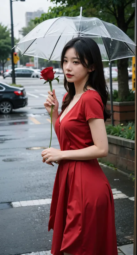 a woman in a red dress holding a red rose in the rain