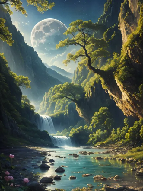 (((masterpiece))), best quality, high quality, extremely detailed CG unity 8k wallpaper, scenery, outdoors, sky, cloud, no people, mountain, landscape, water, tree, blue sky, waterfall, cliff, nature, lake, river, cloudy sky,award winning photography, Boke...