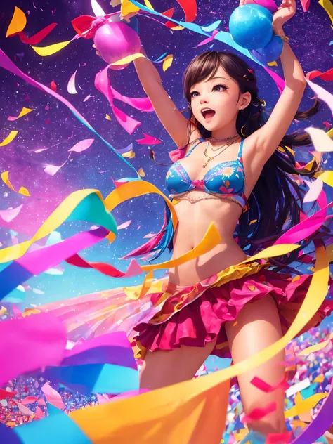 A beautiful girl is dancing in the midst of colorful confetti