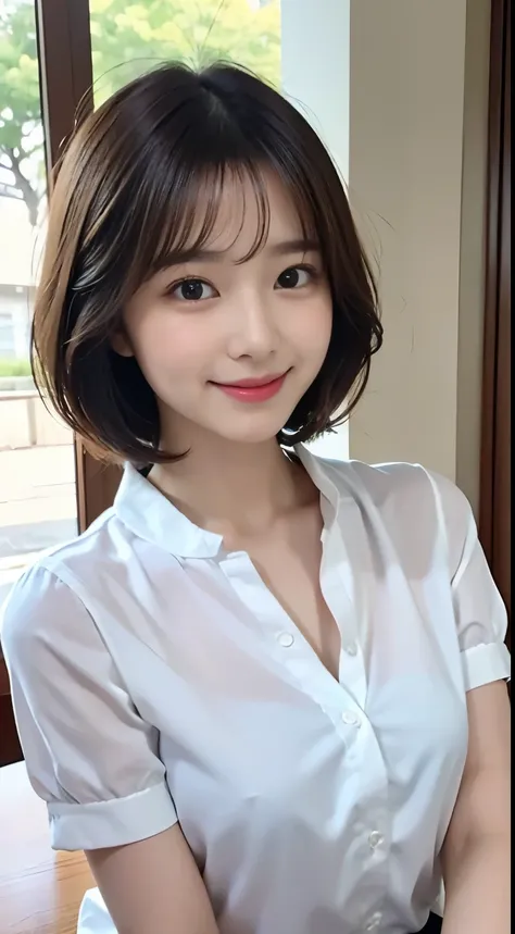 table top、highest quality、figure、 super detailed、finely、 High resolution、8k wallpaper、14 year old pretty girl、detailed beautiful face、detailed cute eyes、Smooth skin、modest smile、short hair、bob cut、big breasts、Summer School Uniform、white blouse、White collar...