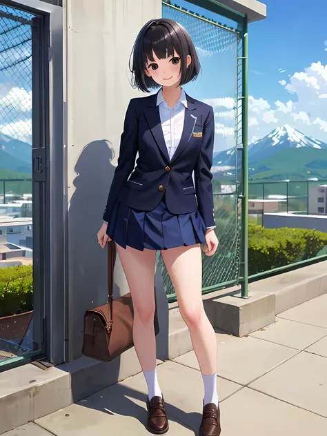 masterpiece, highest quality,
very delicate and beautiful, finely,
official art, super detailed, very detailed,
break

1 girl, Are standing, cute face, beautiful face, 15, black eye, black short hair, bob cut, dull bangs, Navy Blazer, white shirt, Navy lon...