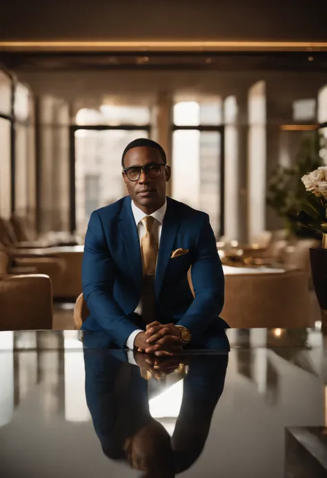  Afro-American business man  mid 45-50 with glasses on with gold designer frames, wearing a white designer shirt with a gold tie, also wearing a navy blue solid color style suit designer professional type,  detailed  man face and glasses, hair , hands, wat...