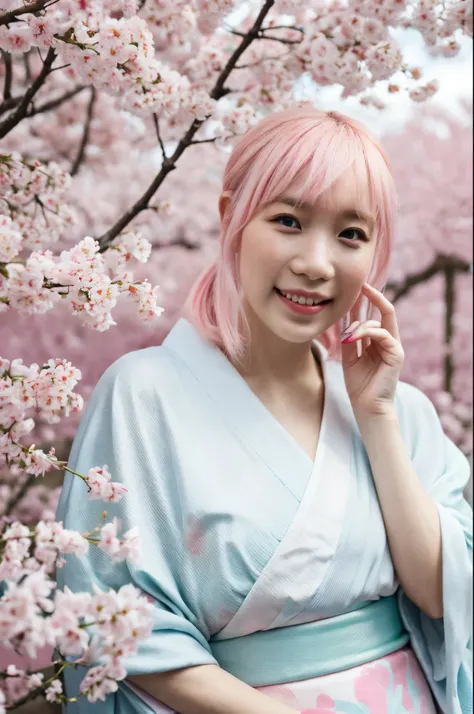 (Masterpiece, best quality:1.2), throw, Focus only, upper body, 1 girl, Grabbing someone elses cheek., smile, pink hair, blue eyes, Japanese clothes, kimono, cherry tree