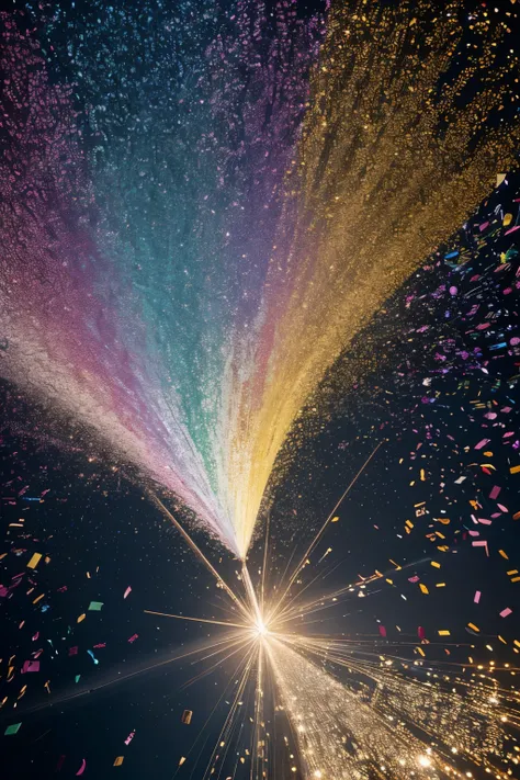 from above, best quality, 32k, RAW photo, incredibly absurdres, extremely detailed, 3D, many colored confetti flying up, silver glittering confetti, golden glittering confetti, colorful, light up, delicate, flashy and dynamic depiction