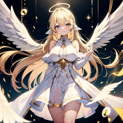 angel neutral girl、(full body shot)、costume is white、costume is an angel、(((overhead angel ring)))、black background、blonde、yello...