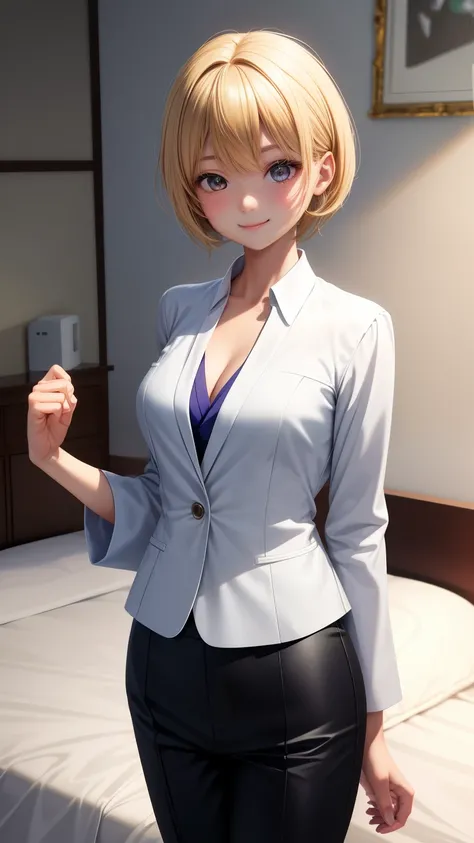 1girl in、Best Quality、、Very cute、A smile、Japanese、womens formal suit、Very cute、glad looking face、short-hair、Golden head hair、beautiful eyes、cleavage、胸の谷間、bed room、3D rendering、mini skirt or pants、自撮り