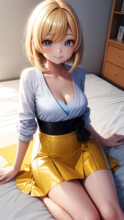 1girl in、Best Quality、、Very cute、A smile、Japanese、womens formal suit、Very cute、glad looking face、short-hair、Golden head hair、beautiful eyes、cleavage、胸の谷間、bed room、3D rendering、mini skirt or pants、自撮り