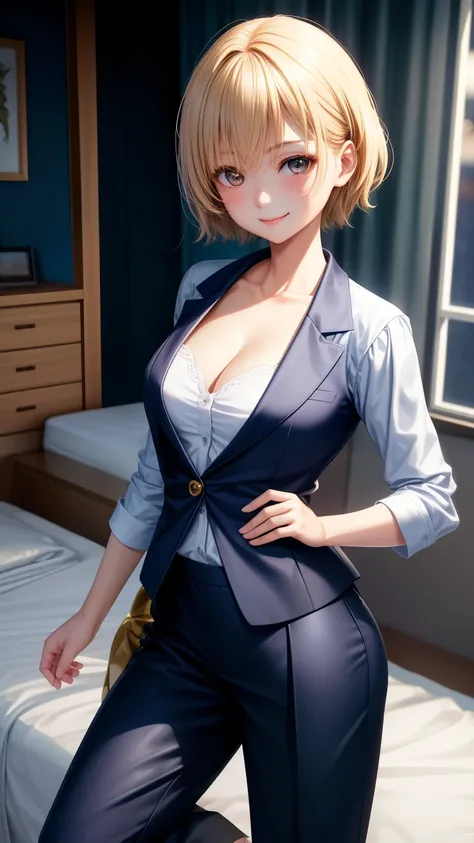 1girl in、Best Quality、、Very cute、A smile、Japanese、womens formal suit、Very cute、glad looking face、short-hair、Golden head hair、beautiful eyes、cleavage、胸の谷間、bed room、3D rendering、mini skirt or pants、自撮り