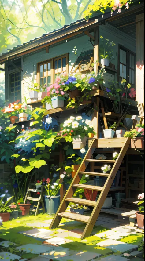 A cozy little yard，ladder，fresh flowers，tables and chairs，sonoko，Skysky，fresh flowers，trpical garden，