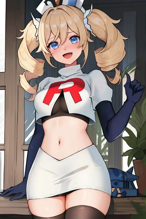 best quality, masterpiece, highres, solo, {barbara_genshin:1.15}, blonde_hair, blue_eyes, twintails, bangs, long_hair, drill_hair, twin_drills, hat, blush, breasts, white_headwear, hair_ornament, 1girl, hair_between_eyes, :d, team rocket,team rocket unifor...