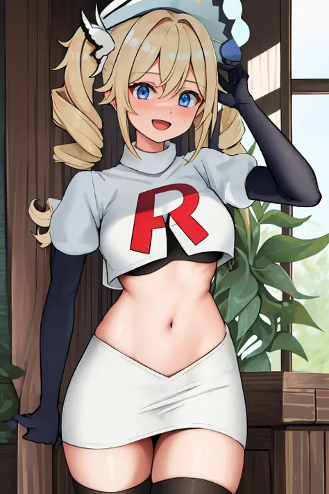 best quality, masterpiece, highres, solo, {barbara_genshin:1.15}, blonde_hair, blue_eyes, twintails, bangs, long_hair, drill_hair, twin_drills, hat, blush, breasts, white_headwear, hair_ornament, 1girl, hair_between_eyes, :d, team rocket,team rocket unifor...