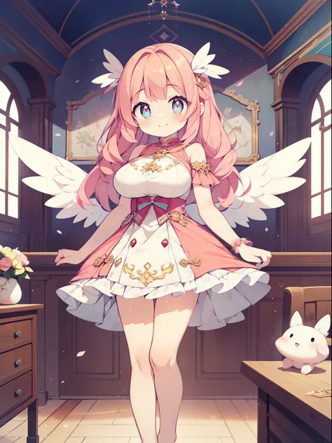 (One Angel Girl:1.2), (alone:1.2),(10 year old girl)、young girl、big breasts、 table top, nffsw、shader、brilliant texture work、highly detailed eyes、ultra-intricate pupil in eyes、highest quality、shocking pink hair、Bright colors、Bust 100、Standing picture of the...