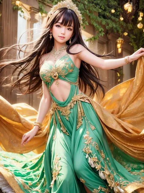 (best quality,4k,highres,masterpiece:1.2),ultra-detailed,realistic:1.37,detailed girl,dancing,girl in a garden,green garden,flow...