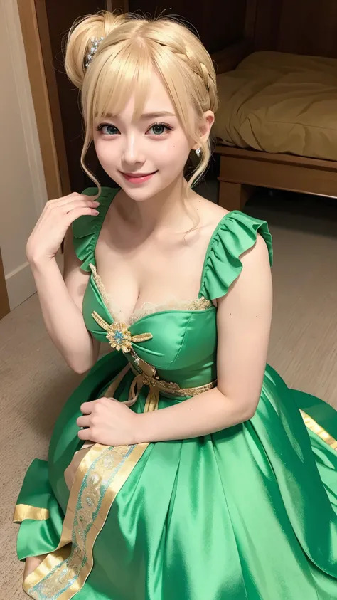 she is cosplaying as a princess、blonde short、smile、green eyes、Colorful and fancy dresses、ponytail