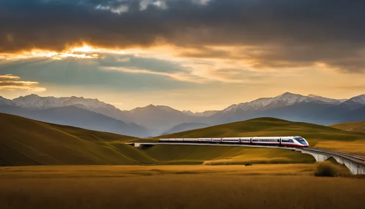 The high-speed train passes on the red viaduct in the distance，Red China high-speed train in the distance，Hareful，Tibetan antelope，yak，青藏plateau生物，青藏plateau植物正午阳光，超精细grassland，ue5 rendering light，Highly detailed clouds，plateau，low vanishing point，Low angle...