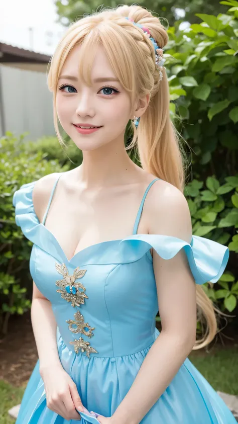 she is cosplaying as a princess、blonde short、smile、blue eyes、Colorful and fancy dresses、ponytail