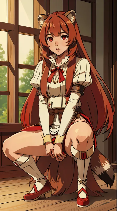 (masterpiece, highest quality),  intricate details,
1 girl,  Raphtalia, sexy,squatting down、Spread your legs and show off your panties、spread legs,show white panties,animal ears, brown hair, long hair, raccoon ears, a racoon girl, raccoon tail, (red eyes:1...