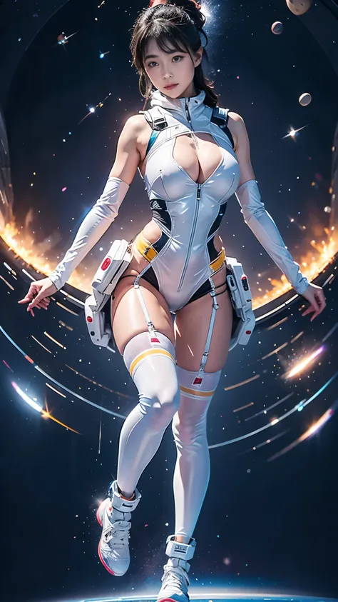 high resolution, ultra-detailed, 1girl, in spacesuit, seen from above, cosmic space, floating, satellite, running pose, Look at the audience, sparkling, space background, meat leg, white stockings, full-body shot, (masterpiece:1.4), 8K