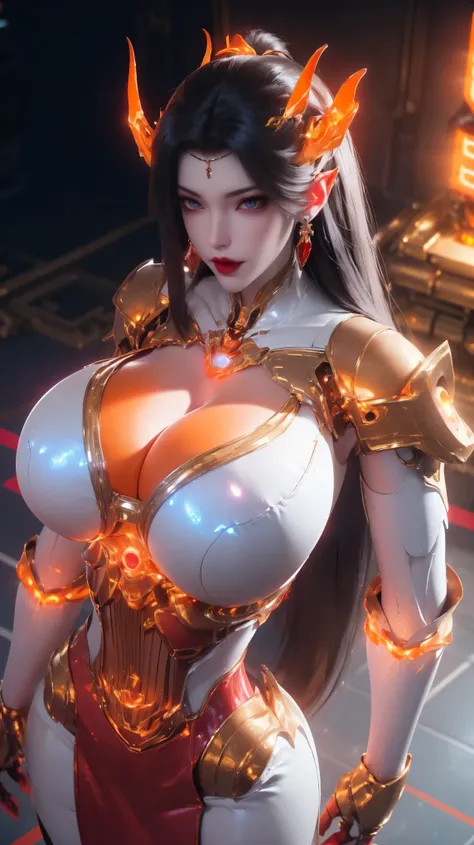 BUSTY MILF,PORTRAIT,UPPER BODY,SOLO),(BEAUTY PURPLE HAIR, GOLD DRAGON HORN), (MASSIVE FAKE BOOBIES,CLEAVAGE TOP,MUSCLE ABS:1.5), (((LED ORANGE, WHITE, RED LINE:0,7) SHINY ROBOT MECHANICAL REVEALING BRA:1.5)),(CURVY PERFECT BODY:1.4), (SWEATY GLOSSY BODYSKI...