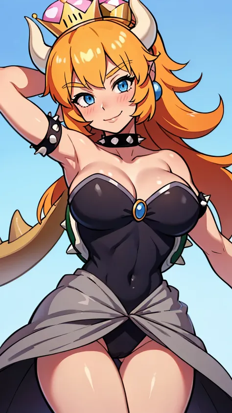 ((masterpiece)), ((best quality)), ((game)), girl, ((Bowsette character)), ((beautiful body)), pale skin, ((eyes)), eyebrow, (( ear)), happy, smile, hair, ((hair highlights effect)), (arms), thin waist, ((thick legig thigh)), standing, ((hair swayinountain...