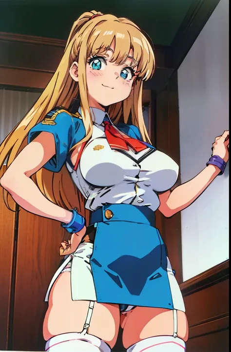 (1990s (style),1990s anime cels style, Cartoon style of the 1990s, flat color:1.3), vivid colors, best quality, high resolution, In the style of Nobuteru Yuki, blonde hair, blunt bangs, grey secretary, Inspired by Shirou Masamune, red glasserom behind, ass...