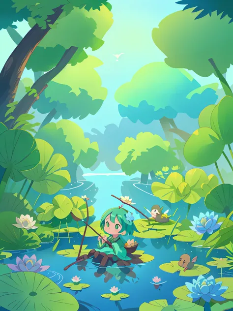 In the blue-green lotus pond there are lotus flowers and lotus leaves and little rabbits fishing