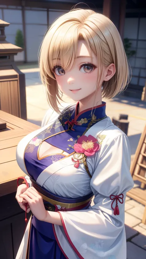 1girl in、Best Quality、、Very cute、A smile、Japanese、、Very cute、glad looking face、short-hair、Golden head hair、beautiful eyes、cleavage、胸の谷間、3D rendering、自撮り、cheongsam、qipao、beautiful embroidery、中華街、