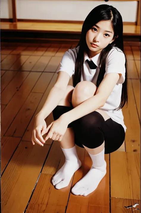 Arab Asian woman wearing black shirt and white socks sitting on wooden floor, a photorealistic painting by Torii Kiyomoto, It&#39;s trending on pixiv, shin hanga, cute high school girl, a surreal high school girl, surreal high school girl, anime girl squat...