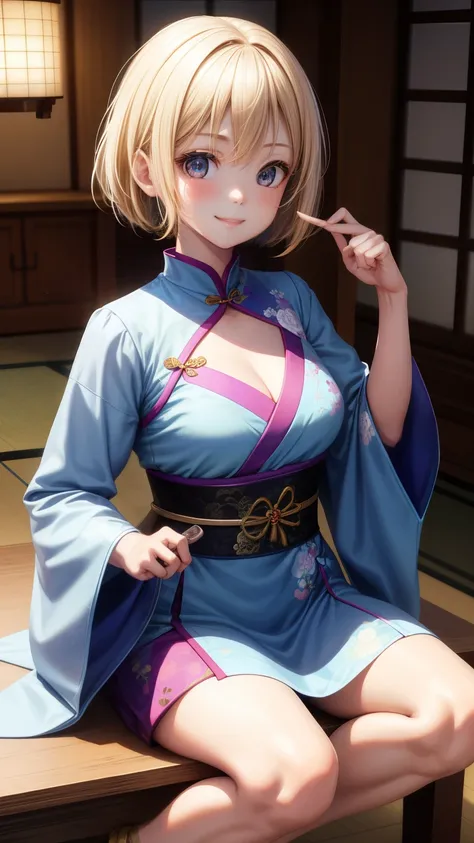 1girl in、Best Quality、、Very cute、A smile、Japanese、、Very cute、glad looking face、short-hair、Golden head hair、beautiful eyes、cleavage、胸の谷間、3D rendering、自撮り、cheongsam、qipao、beautiful embroidery、中華街、