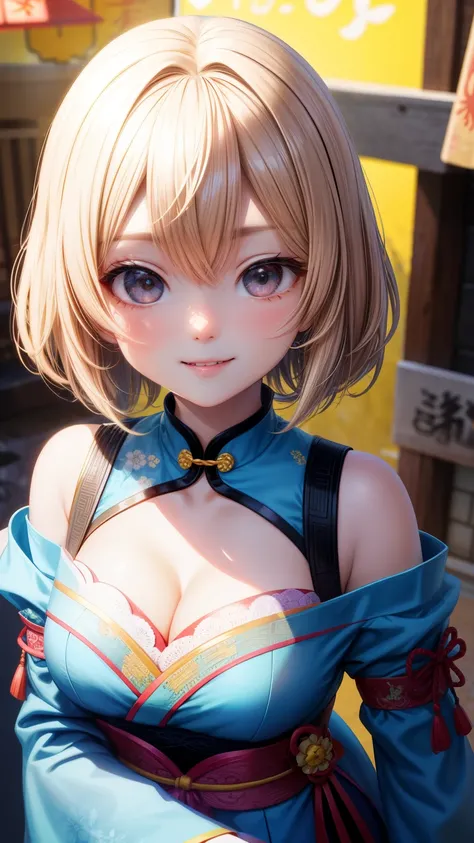 1girl in、Best Quality、、Very cute、A smile、Japanese、、Very cute、glad looking face、short-hair、Golden head hair、beautiful eyes、cleavage、胸の谷間、3D rendering、自撮り、cheongsam、qipao、beautiful embroidery、中華街、