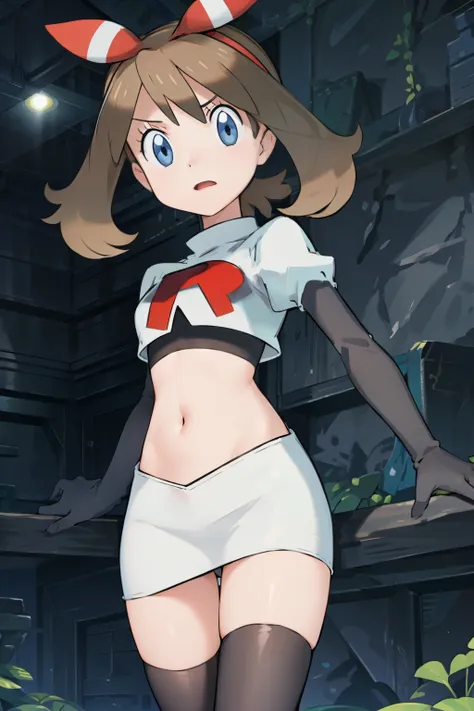 masterpiece, professional lighting, 1girl, adorable, expressive face,haruka_oras, solo, creative frame, creative shot, perfect lighting, best quality, masterpiece, light rays, (absurdres), perfect quality, hair bow, team rocket,team rocket uniform, red let...