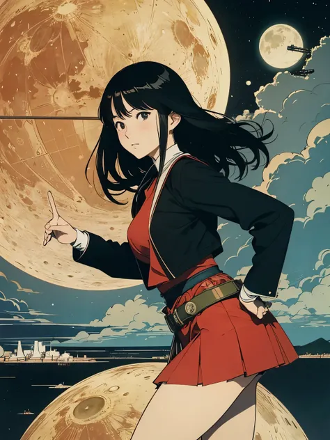 Dugald Stewart Walker, Kiyoko Arai, Mysterious, strange, surreal, bizarre, fantasy, Sci-fi, Japanese anime, Bicycle trip of a beautiful girl in a miniskirt, perfect voluminous body, Around the world on the moon, detailed masterpiece 