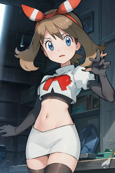 masterpiece, professional lighting, 1girl, adorable, expressive face,haruka_oras, solo, creative frame, creative shot, perfect lighting, best quality, masterpiece, light rays, (absurdres), perfect quality, hair bow, team rocket,team rocket uniform, red let...