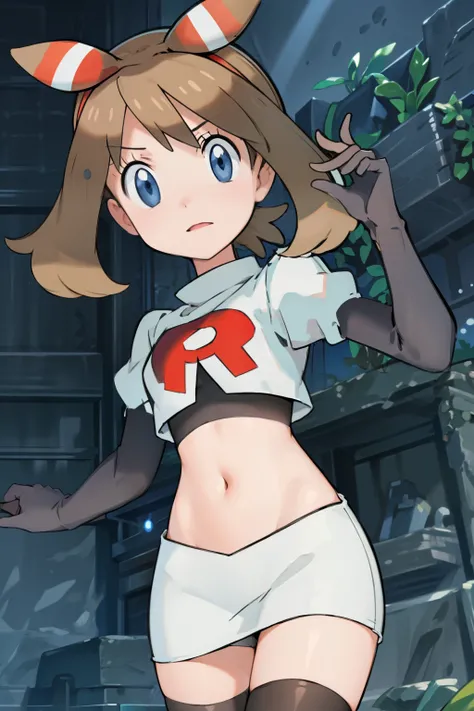 masterpiece, professional lighting, 1girl, adorable, expressive face,haruka_oras, solo, creative frame, creative shot, perfect lighting, best quality, masterpiece, light rays, (absurdres), perfect quality, hair bow, team rocket,team rocket uniform, red let...