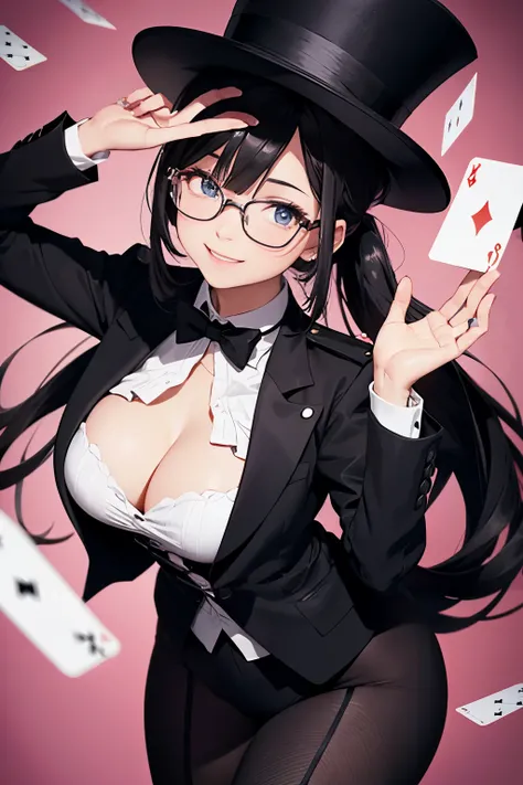 Beautiful female magician, 16 years old, playing cards, long hair in a ponytail, bangs, smiling brightly, wearing glasses, wearing a top hat, wearing a black bunny suit, wearing a long tail tuxedo, wearing black Pantyhose, There were cards flying everywher...