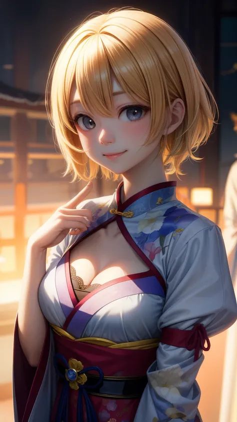 1girl in、Best Quality、、Very cute、A smile、Japanese、、Very cute、glad looking face、short-hair、Golden head hair、beautiful eyes、cleavage、胸の谷間、3D rendering、自撮り、cheongsam、qipao、beautiful embroidery、中華街、