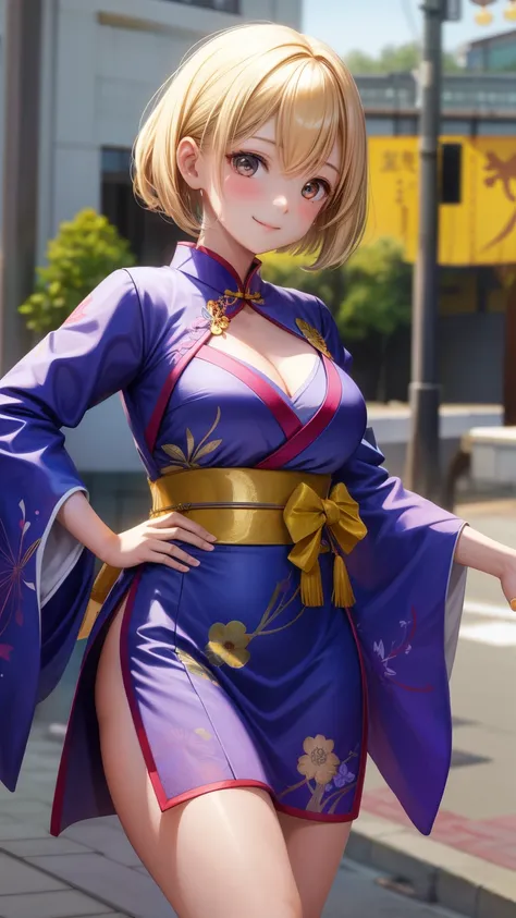 1girl in、Best Quality、、Very cute、A smile、Japanese、、Very cute、glad looking face、short-hair、Golden head hair、beautiful eyes、cleavage、胸の谷間、3D rendering、自撮り、cheongsam、qipao、beautiful embroidery、中華街、