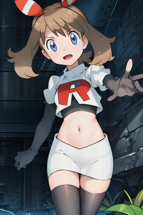 masterpiece, professional lighting, 1girl, adorable, expressive face,haruka_oras, solo, creative frame, creative shot, perfect lighting, best quality, masterpiece, light rays, (absurdres), perfect quality, hair bow, team rocket,team rocket uniform, red let...