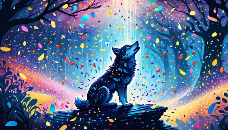 bright confetti rains down, stunning illustration featuring a kaleidoscope of colorful confetti, dark fantasy world, enchanted b...