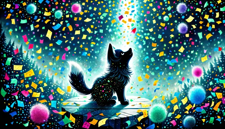 cute sky cat, Bright confetti rains down, Stunning illustration featuring a kaleidoscope of colorful confetti, Dark fantasy world, enchanted by dark and fantastical world, Confetti streamers dance in the air, Dark fantasy worldを背景に, intricate details and m...