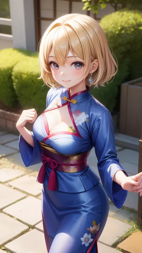 1girl in、Best Quality、、Very cute、A smile、Japanese、、Very cute、glad looking face、short-hair、Golden head hair、beautiful eyes、cleavage、胸の谷間、3D rendering、自撮り、cheongsam、qipao、beautiful embroidery、中華街、