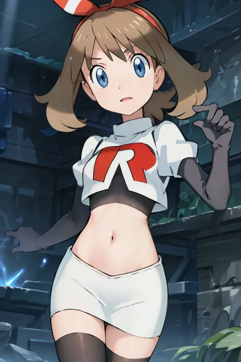 masterpiece, professional lighting, 1girl, adorable, expressive face,haruka_oras, solo, creative frame, creative shot, perfect lighting, best quality, masterpiece, light rays, (absurdres), perfect quality, hair bow, team rocket,team rocket uniform, red let...
