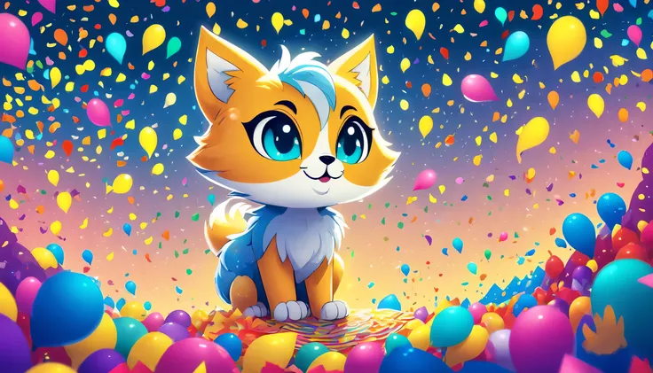 cute sky cat, Bright confetti rains down, Stunning illustration featuring a kaleidoscope of colorful confetti, Dark fantasy world, Fascinated by a dark and fantastic world, Confetti streamers dance in the air, Dark fantasy worldを背景に, 複雑なディテールと細心の注意を払った筆致がD...