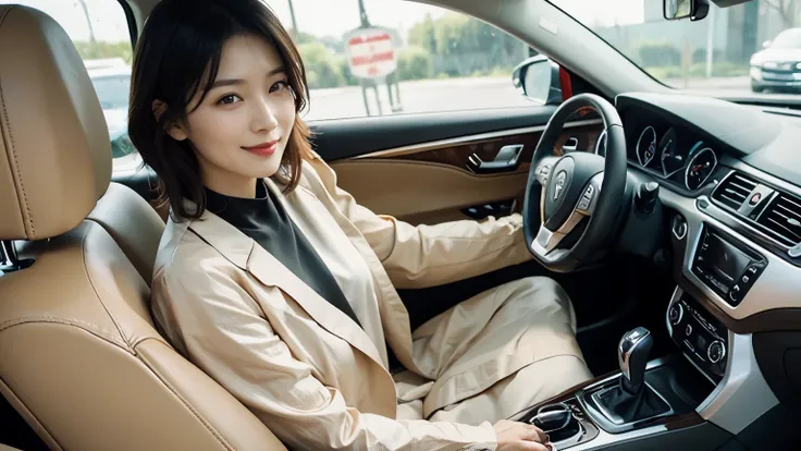 asian woman in tan dress sitting in car，keep your hands on the steering wheel, with an elegant smile,  42 year old mature beauty...