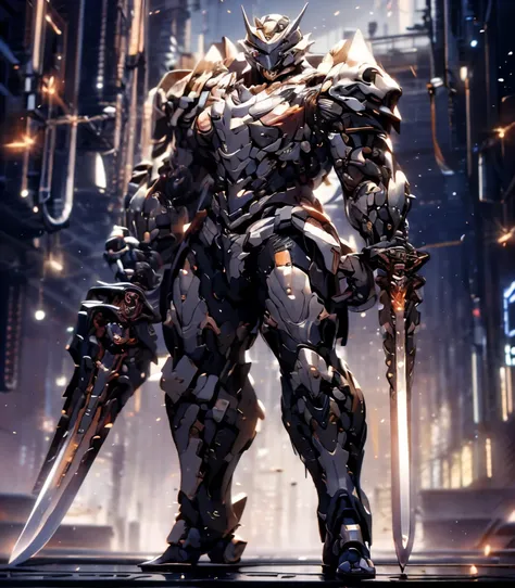 ultra wide shot, full body shot, (masterpiece) ， the best quality， High Quality， （futurism：1.1）， （A paladin holding a light infused axe sword, light magic, divine, magewave, all black and gold armor）， movie lights， （Exquisite future）， Beautiful and beautif...